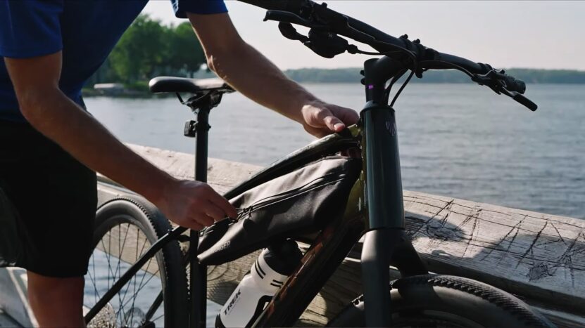 Trek Dual Sport Bike Close Up View. A Cyclist Looking over at Trek Dual Sport Bike